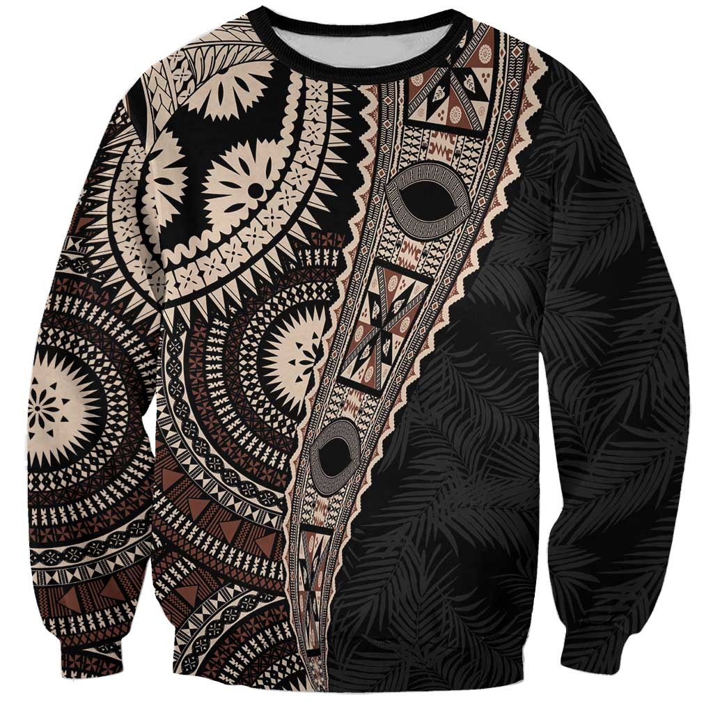 Fiji Traditional Masi Sweatshirt Tapa Art Palm Leaves Pattern