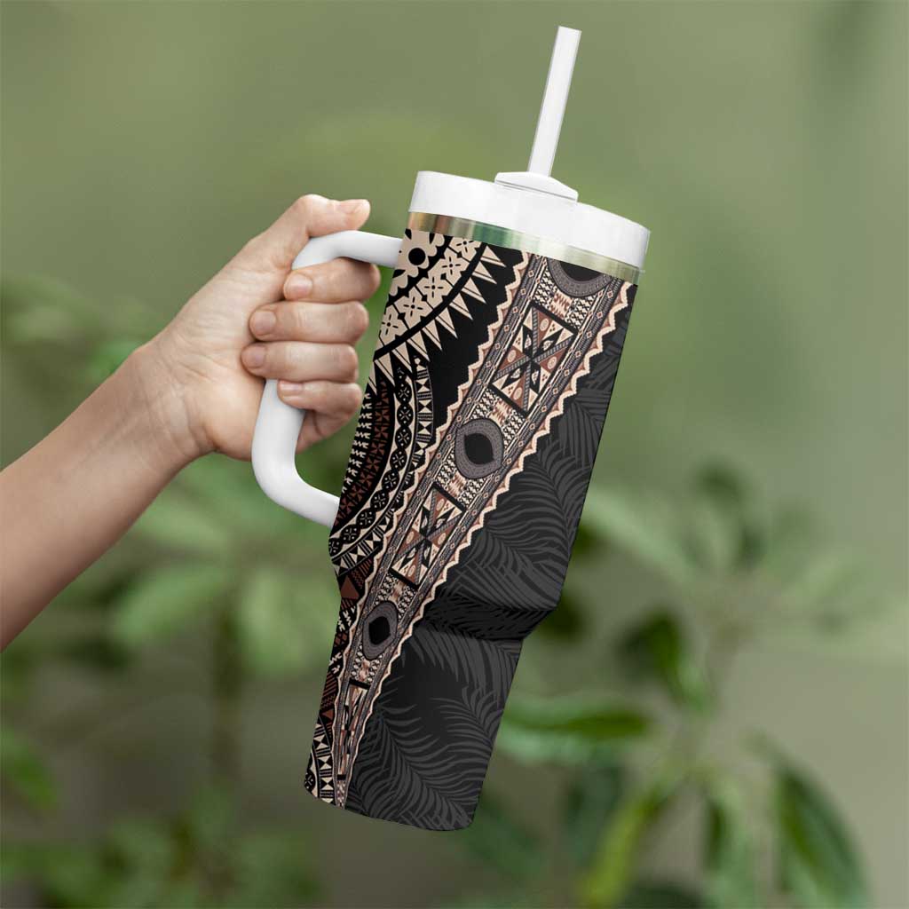 Fiji Traditional Masi Tumbler With Handle Tapa Art Palm Leaves Pattern