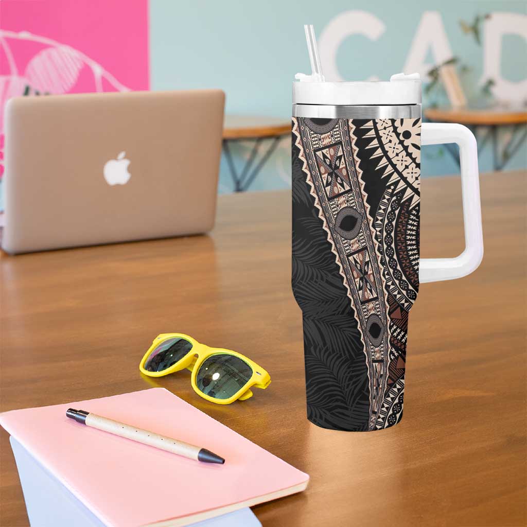 Fiji Traditional Masi Tumbler With Handle Tapa Art Palm Leaves Pattern