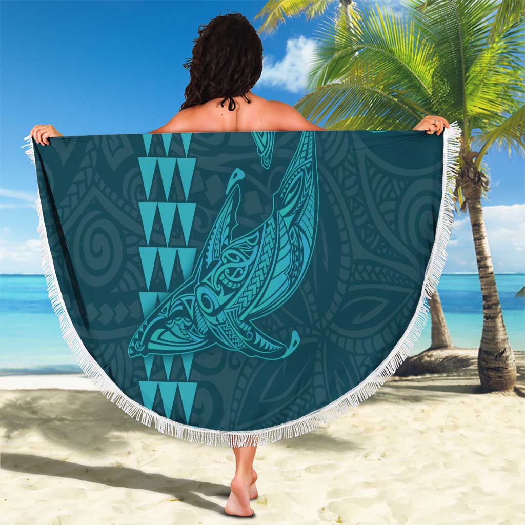 Aloha Hawaii Whale Kakau and Polynesian Tattoo Beach Blanket Turquoise Color