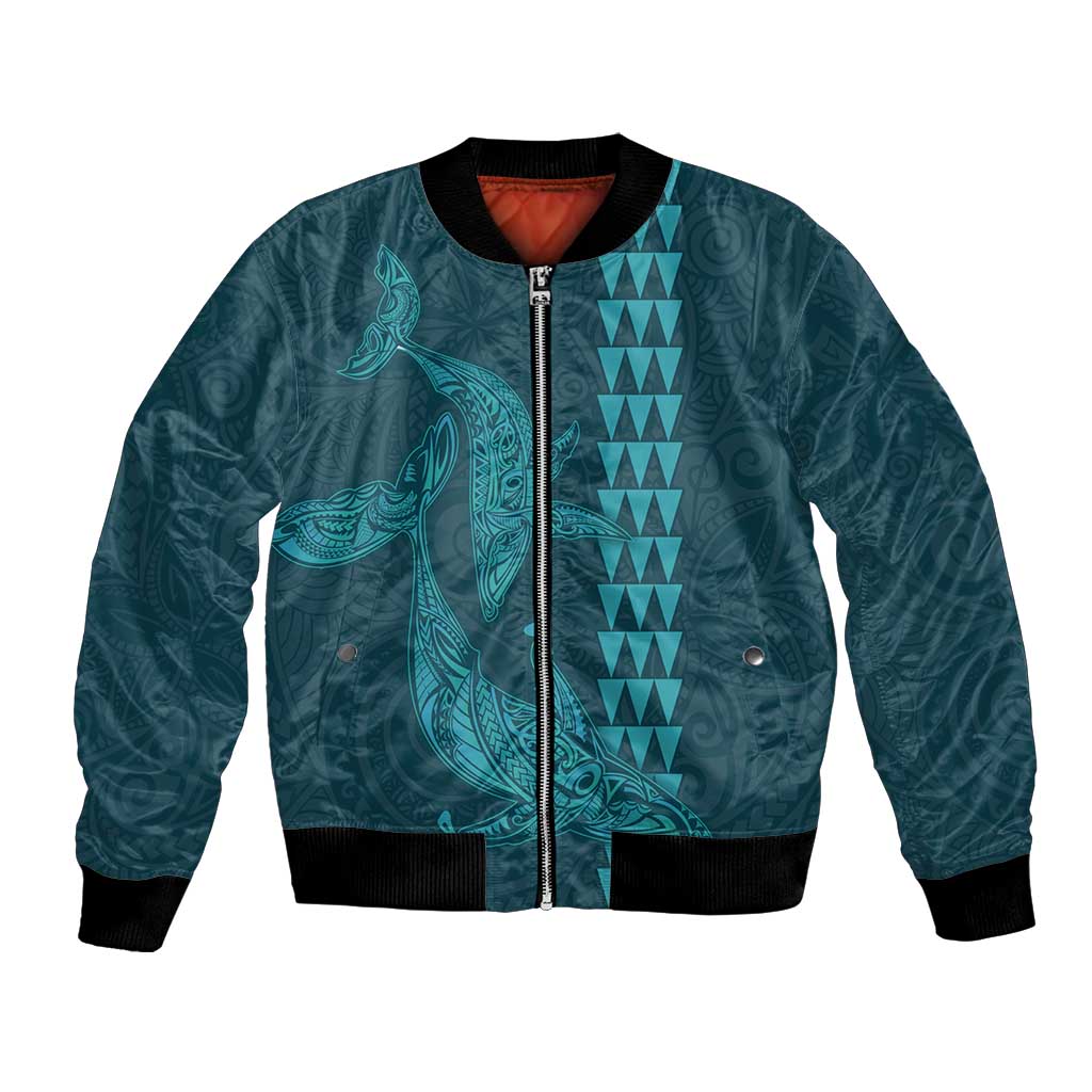 Aloha Hawaii Whale Kakau and Polynesian Tattoo Bomber Jacket Turquoise Color