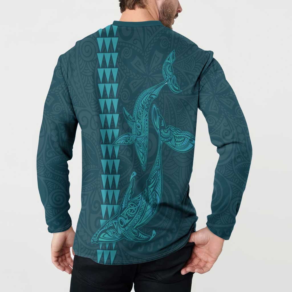 Aloha Hawaii Whale Kakau and Polynesian Tattoo Button Sweatshirt Turquoise Color