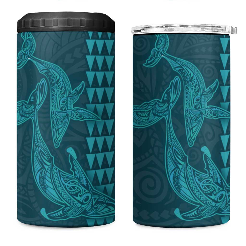 Aloha Hawaii Whale Kakau and Polynesian Tattoo 4 in 1 Can Cooler Tumbler Turquoise Color