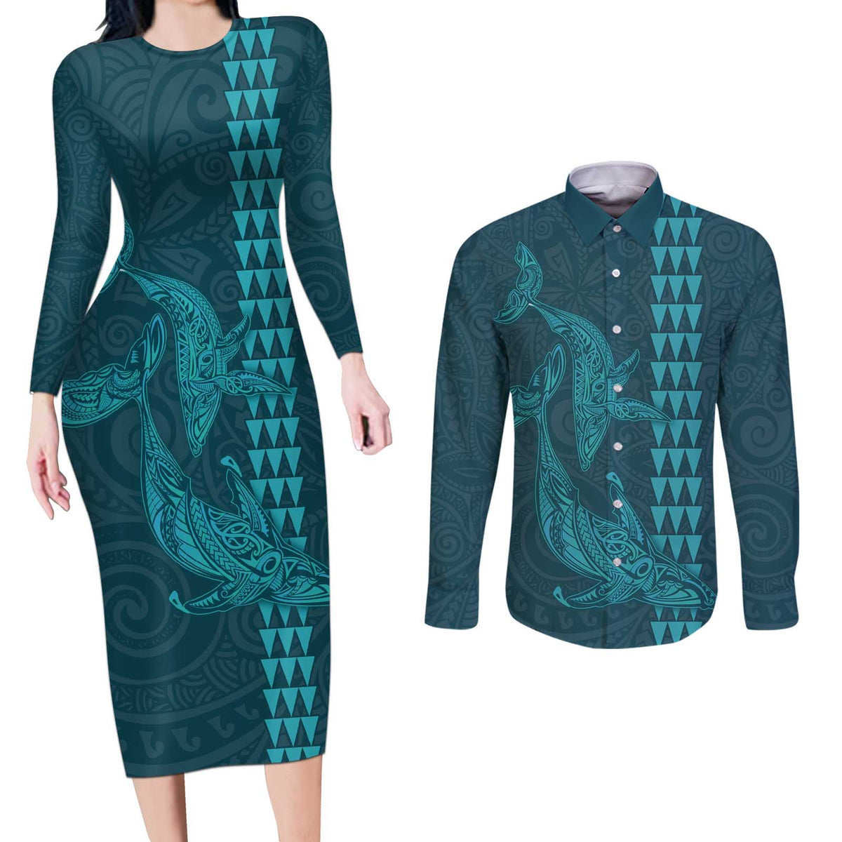 Aloha Hawaii Whale Kakau and Polynesian Tattoo Couples Matching Long Sleeve Bodycon Dress and Long Sleeve Button Shirt Turquoise Color