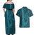 Aloha Hawaii Whale Kakau and Polynesian Tattoo Couples Matching Off Shoulder Maxi Dress and Hawaiian Shirt Turquoise Color