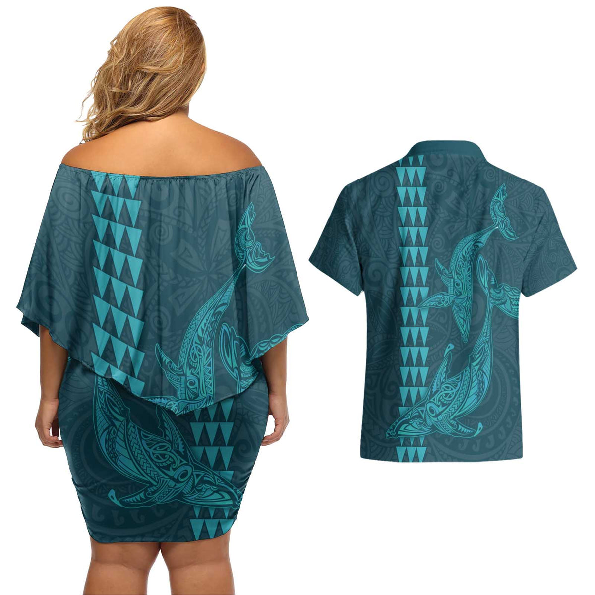 Aloha Hawaii Whale Kakau and Polynesian Tattoo Couples Matching Off Shoulder Short Dress and Hawaiian Shirt Turquoise Color