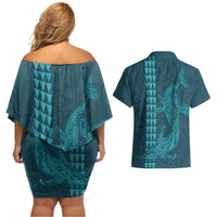 Aloha Hawaii Whale Kakau and Polynesian Tattoo Couples Matching Off Shoulder Short Dress and Hawaiian Shirt Turquoise Color