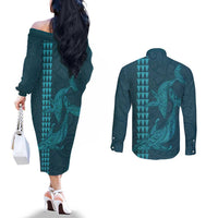 Aloha Hawaii Whale Kakau and Polynesian Tattoo Couples Matching Off The Shoulder Long Sleeve Dress and Long Sleeve Button Shirt Turquoise Color