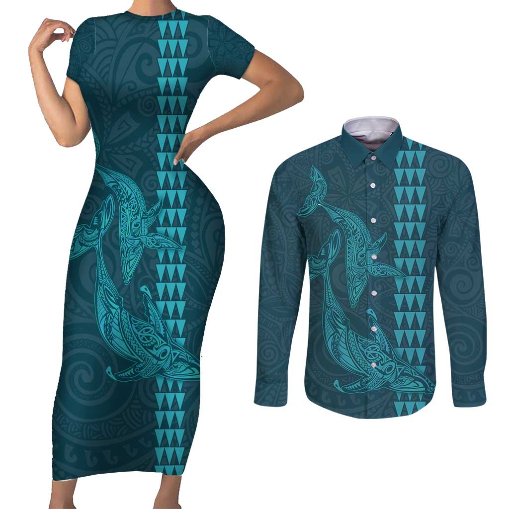 Aloha Hawaii Whale Kakau and Polynesian Tattoo Couples Matching Short Sleeve Bodycon Dress and Long Sleeve Button Shirt Turquoise Color