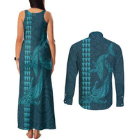 Aloha Hawaii Whale Kakau and Polynesian Tattoo Couples Matching Tank Maxi Dress and Long Sleeve Button Shirt Turquoise Color