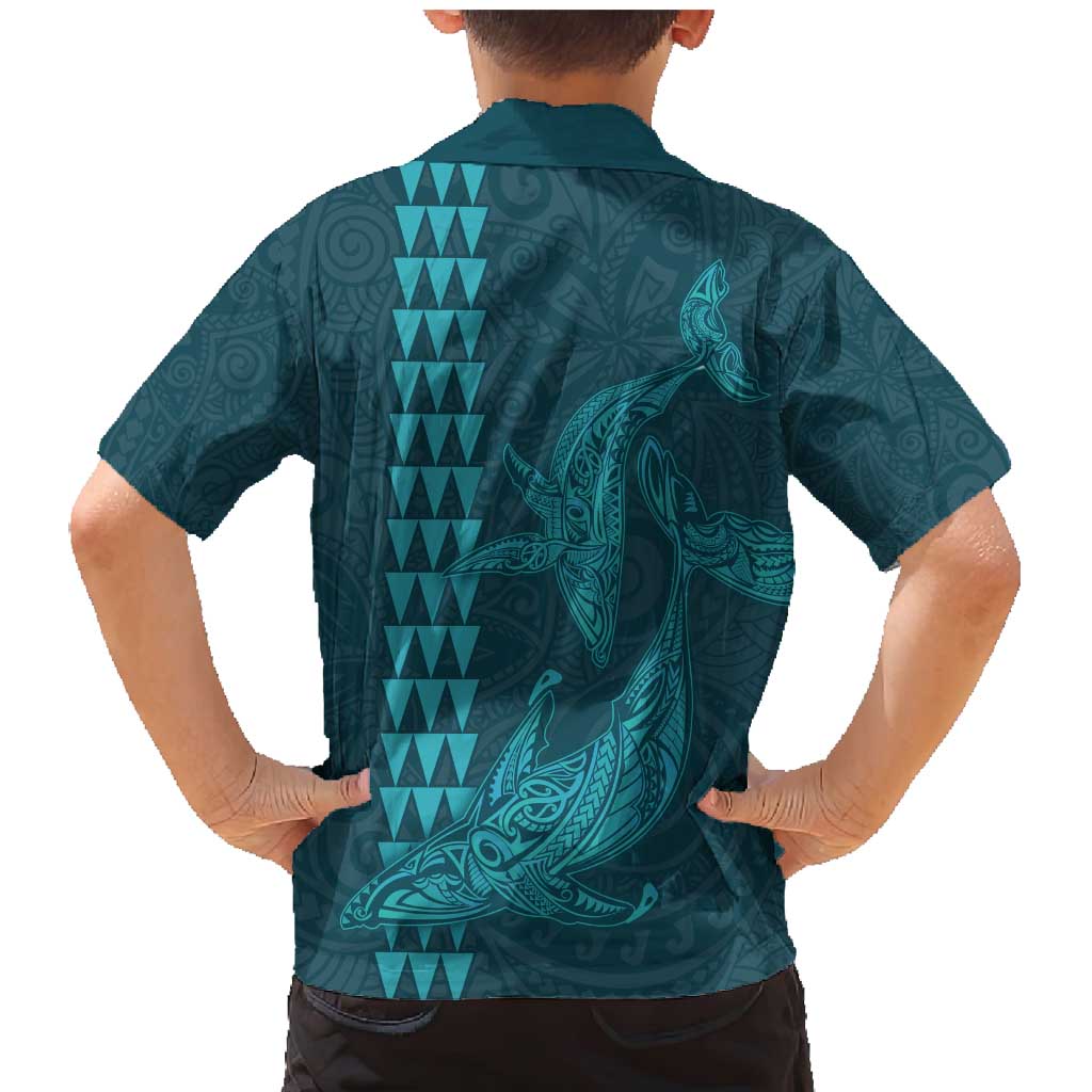 Aloha Hawaii Whale Kakau and Polynesian Tattoo Family Matching Mermaid Dress and Hawaiian Shirt Turquoise Color