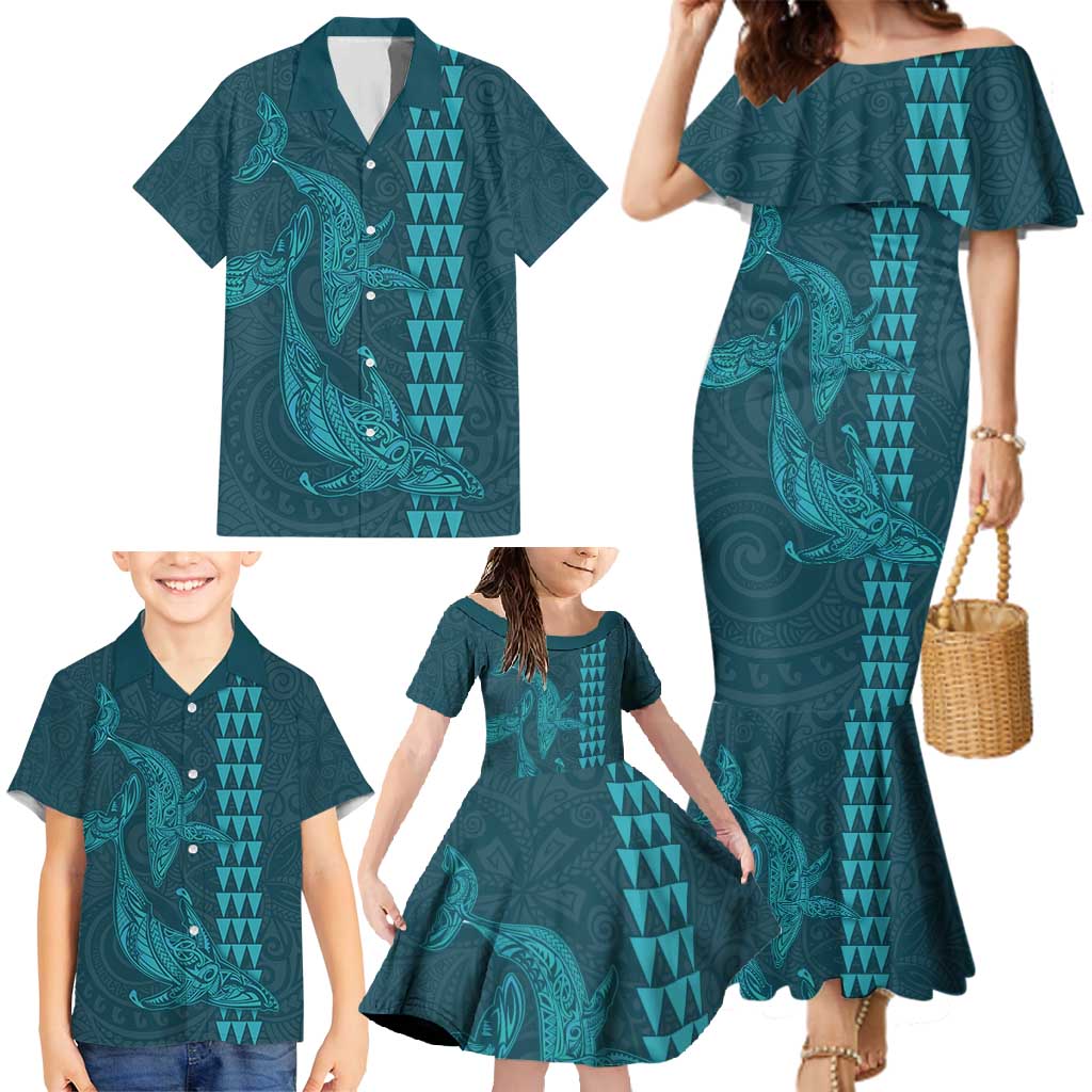 Aloha Hawaii Whale Kakau and Polynesian Tattoo Family Matching Mermaid Dress and Hawaiian Shirt Turquoise Color