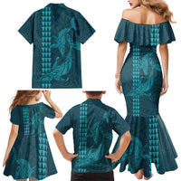 Aloha Hawaii Whale Kakau and Polynesian Tattoo Family Matching Mermaid Dress and Hawaiian Shirt Turquoise Color