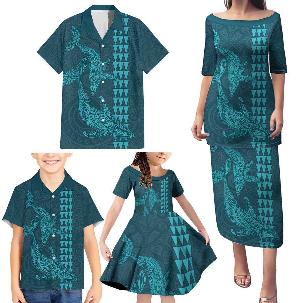 Aloha Hawaii Whale Kakau and Polynesian Tattoo Family Matching Puletasi and Hawaiian Shirt Turquoise Color LT03 - Polynesian Pride