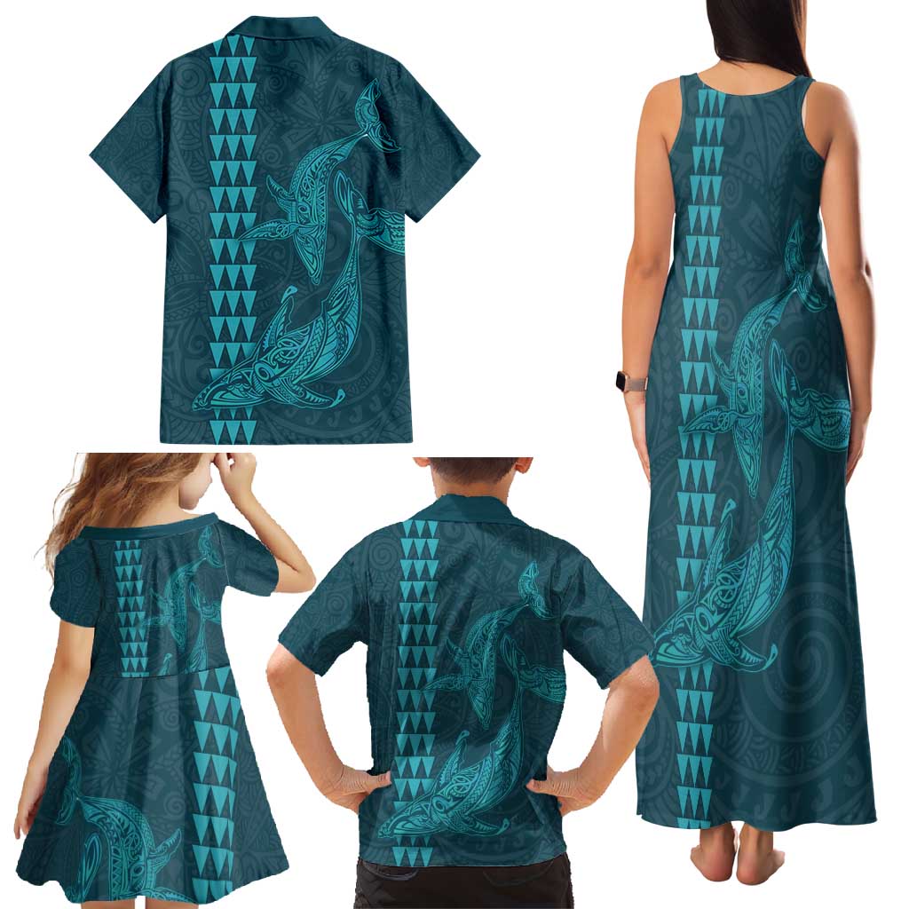 Aloha Hawaii Whale Kakau and Polynesian Tattoo Family Matching Tank Maxi Dress and Hawaiian Shirt Turquoise Color