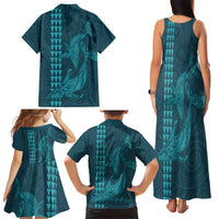 Aloha Hawaii Whale Kakau and Polynesian Tattoo Family Matching Tank Maxi Dress and Hawaiian Shirt Turquoise Color