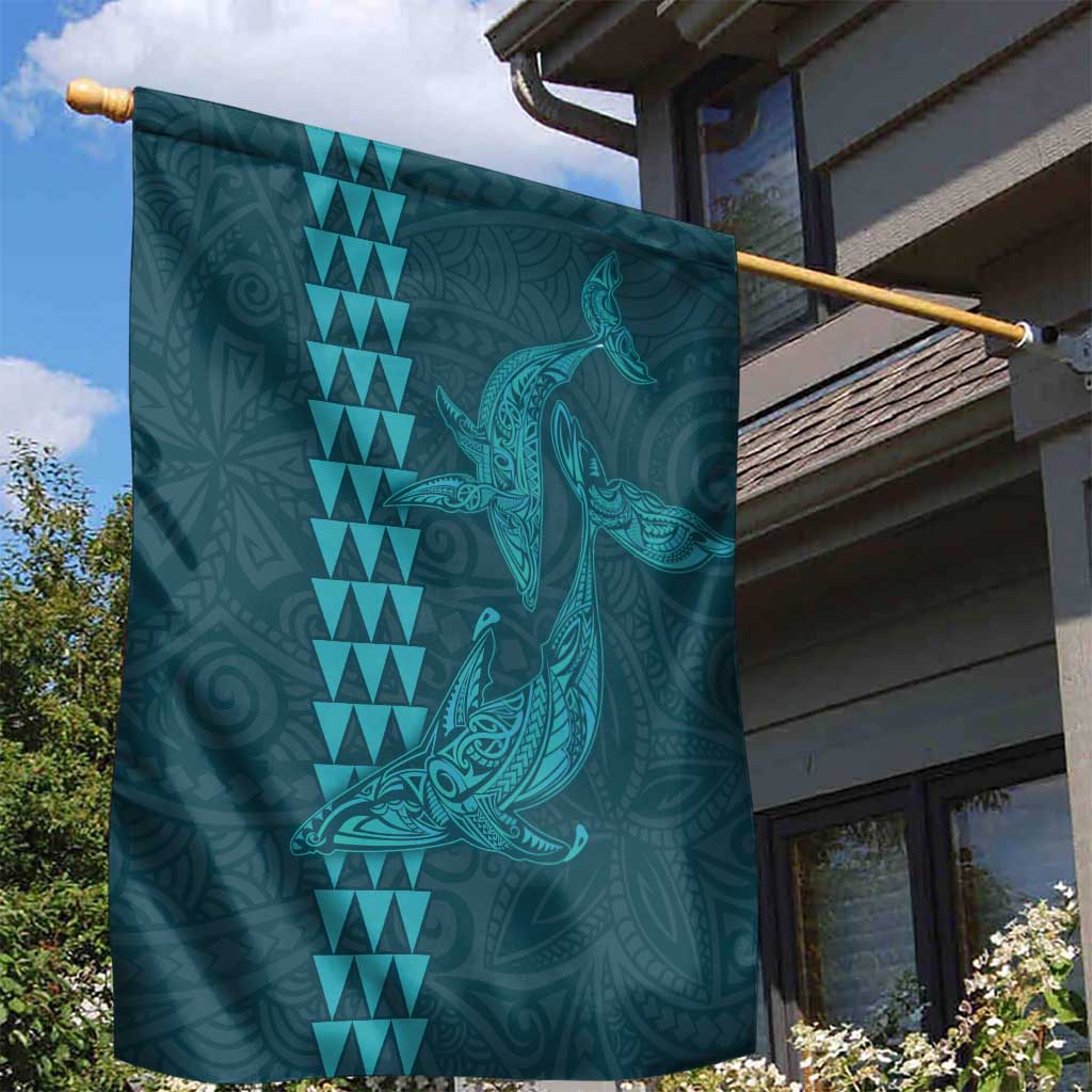 Aloha Hawaii Whale Kakau and Polynesian Tattoo Garden Flag Turquoise Color