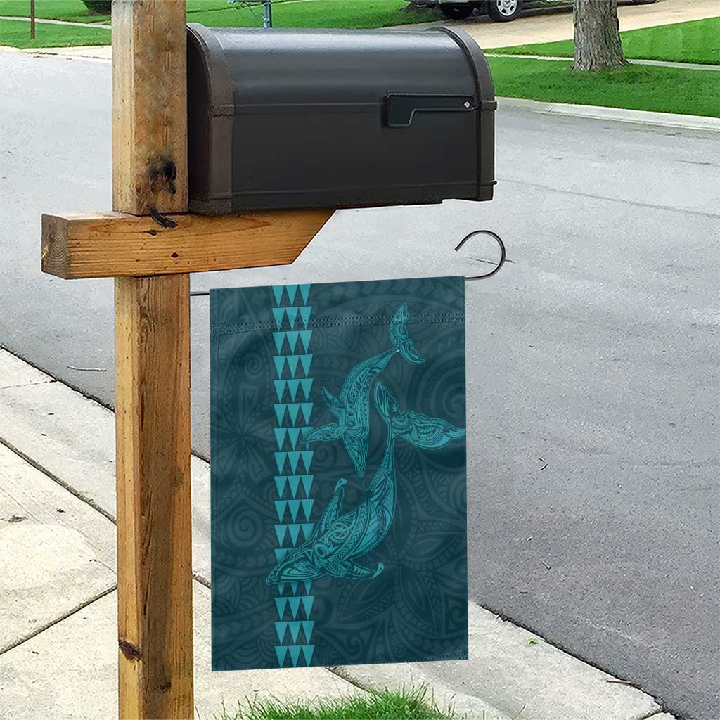 Aloha Hawaii Whale Kakau and Polynesian Tattoo Garden Flag Turquoise Color