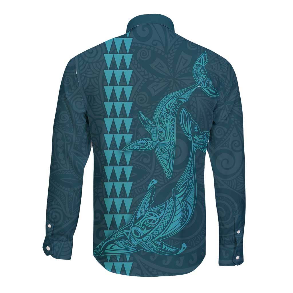 Aloha Hawaii Whale Kakau and Polynesian Tattoo Long Sleeve Button Shirt Turquoise Color