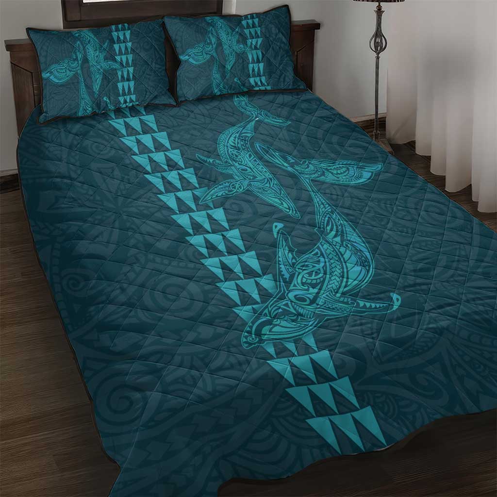 Aloha Hawaii Whale Kakau and Polynesian Tattoo Quilt Bed Set Turquoise Color