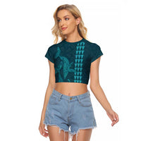 Aloha Hawaii Whale Kakau and Polynesian Tattoo Raglan Cropped T Shirt Turquoise Color