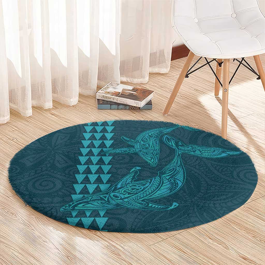 Aloha Hawaii Whale Kakau and Polynesian Tattoo Round Carpet Turquoise Color