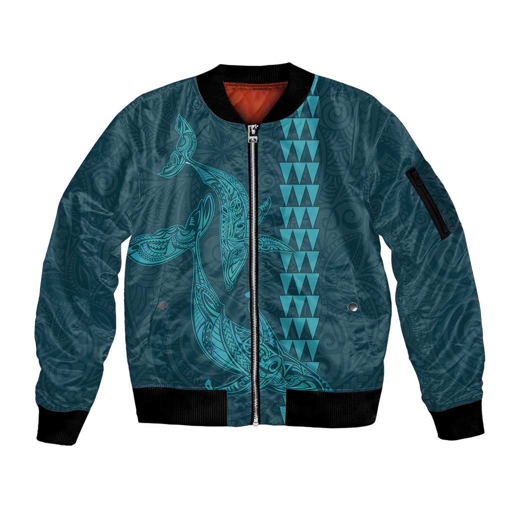 Aloha Hawaii Whale Kakau and Polynesian Tattoo Sleeve Zip Bomber Jacket Turquoise Color