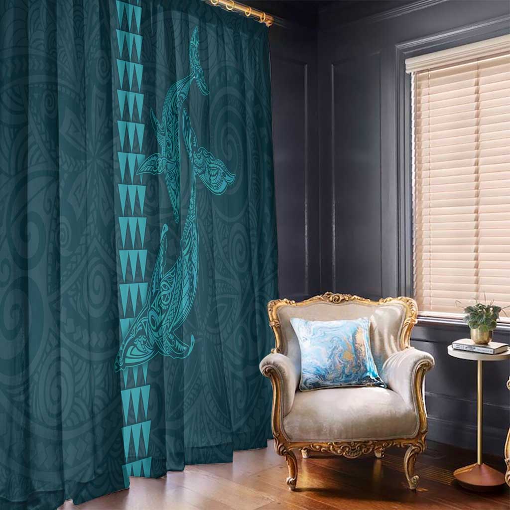 Aloha Hawaii Whale Kakau and Polynesian Tattoo Window Curtain Turquoise Color