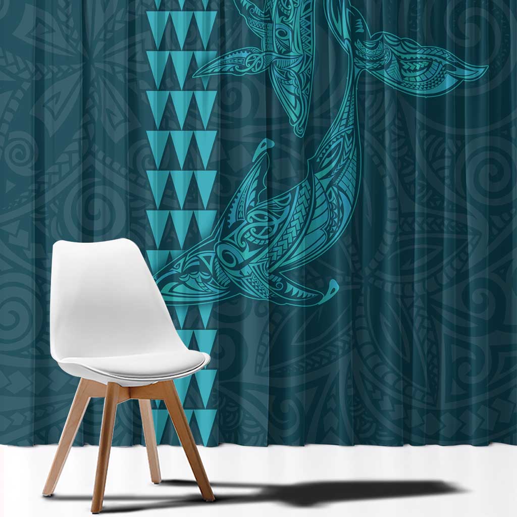 Aloha Hawaii Whale Kakau and Polynesian Tattoo Window Curtain Turquoise Color