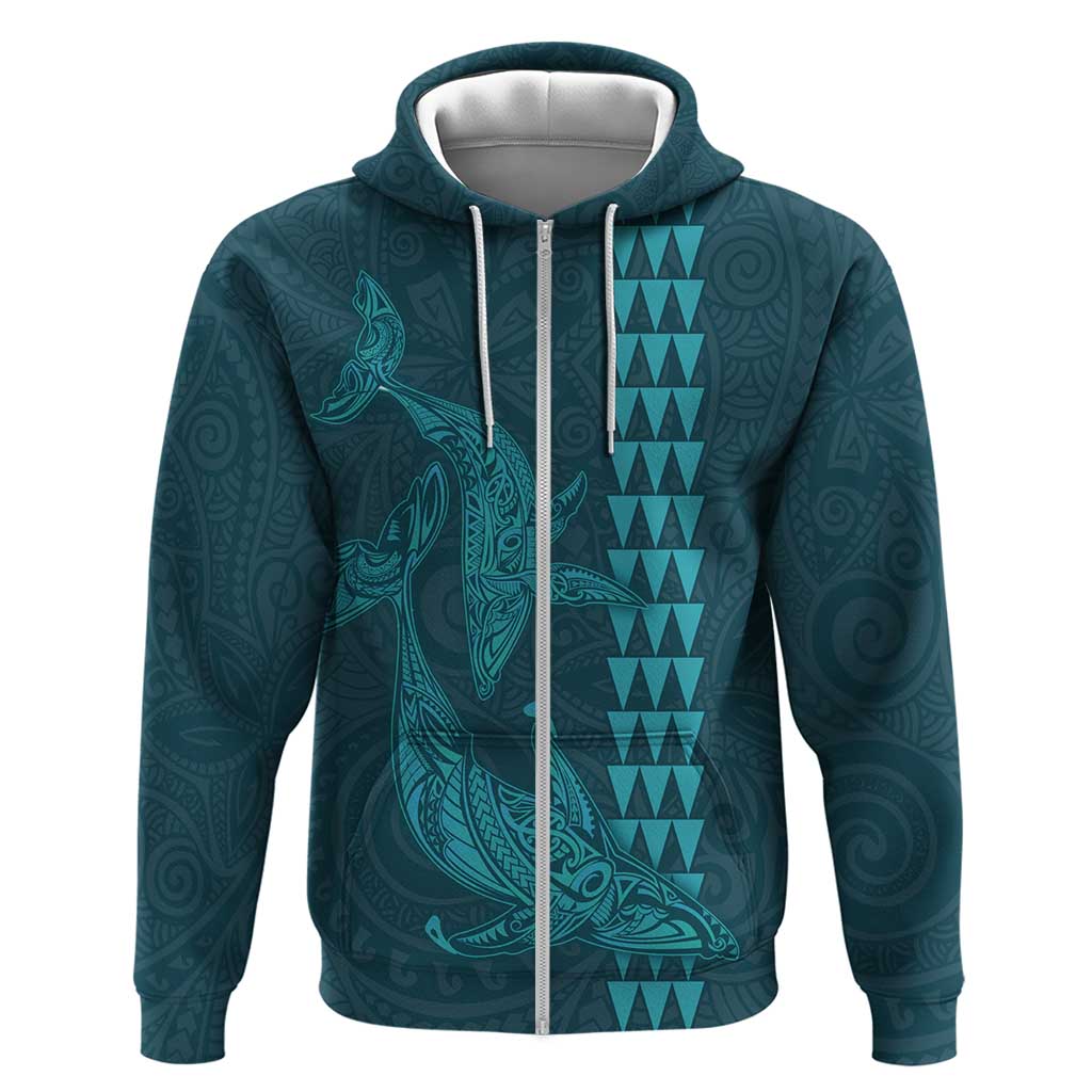 Aloha Hawaii Whale Kakau and Polynesian Tattoo Zip Hoodie Turquoise Color