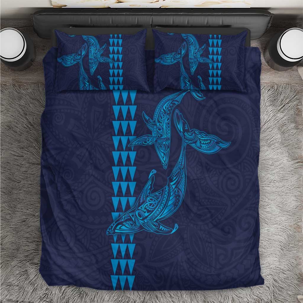 Aloha Hawaii Whale Kakau and Polynesian Tattoo Bedding Set Dark Navy Color