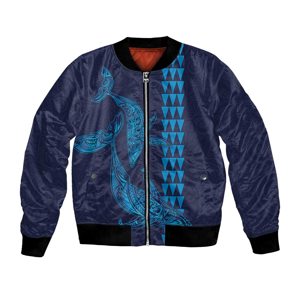 Aloha Hawaii Whale Kakau and Polynesian Tattoo Bomber Jacket Dark Navy Color