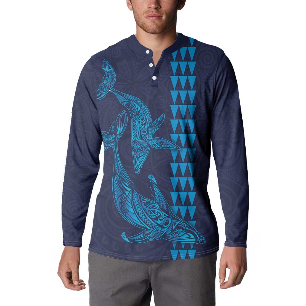 Aloha Hawaii Whale Kakau and Polynesian Tattoo Button Sweatshirt Dark Navy Color