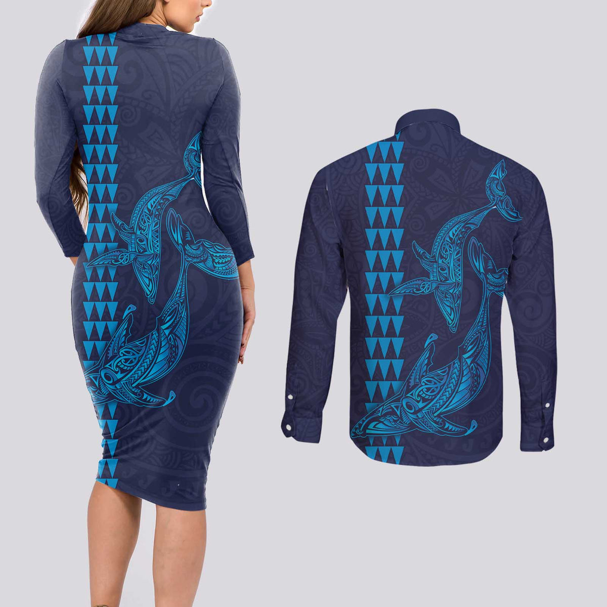Aloha Hawaii Whale Kakau and Polynesian Tattoo Couples Matching Long Sleeve Bodycon Dress and Long Sleeve Button Shirt Dark Navy Color
