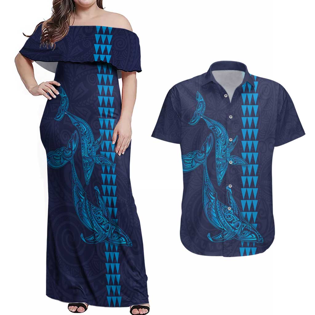 Aloha Hawaii Whale Kakau and Polynesian Tattoo Couples Matching Off Shoulder Maxi Dress and Hawaiian Shirt Dark Navy Color