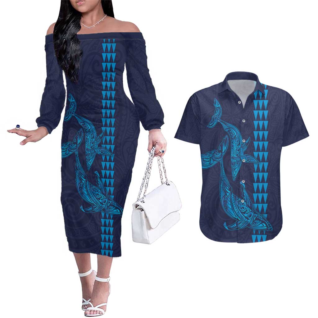 Aloha Hawaii Whale Kakau and Polynesian Tattoo Couples Matching Off The Shoulder Long Sleeve Dress and Hawaiian Shirt Dark Navy Color