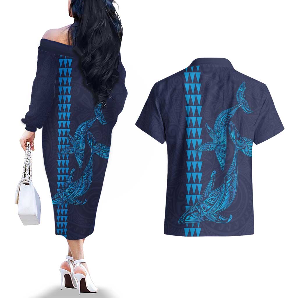 Aloha Hawaii Whale Kakau and Polynesian Tattoo Couples Matching Off The Shoulder Long Sleeve Dress and Hawaiian Shirt Dark Navy Color