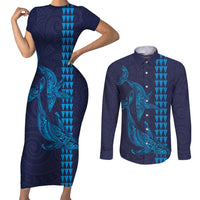 Aloha Hawaii Whale Kakau and Polynesian Tattoo Couples Matching Short Sleeve Bodycon Dress and Long Sleeve Button Shirt Dark Navy Color
