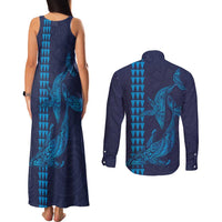 Aloha Hawaii Whale Kakau and Polynesian Tattoo Couples Matching Tank Maxi Dress and Long Sleeve Button Shirt Dark Navy Color