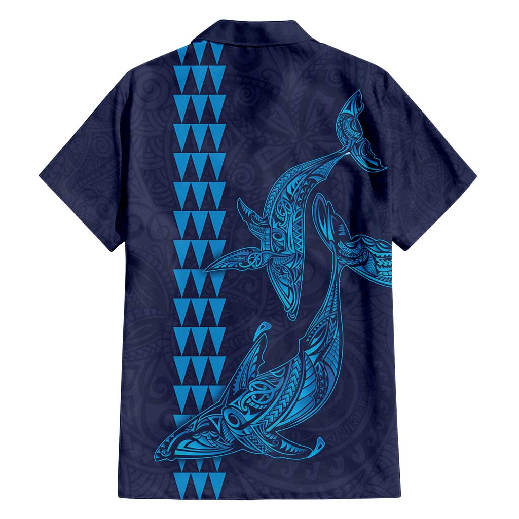 Aloha Hawaii Whale Kakau and Polynesian Tattoo Family Matching Long Sleeve Bodycon Dress and Hawaiian Shirt Dark Navy Color