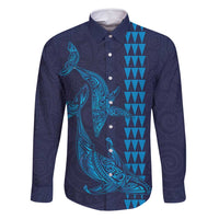 Aloha Hawaii Whale Kakau and Polynesian Tattoo Family Matching Long Sleeve Bodycon Dress and Hawaiian Shirt Dark Navy Color
