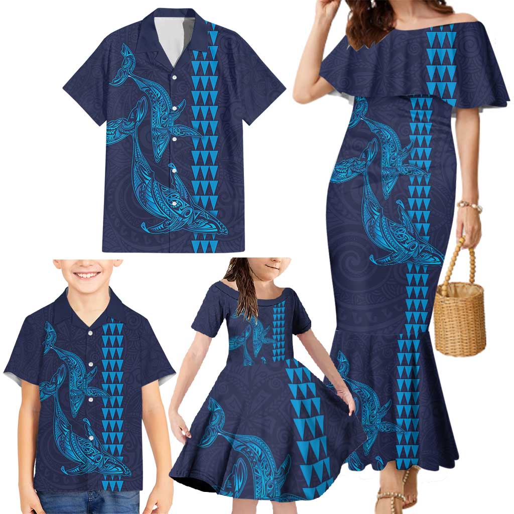 Aloha Hawaii Whale Kakau and Polynesian Tattoo Family Matching Mermaid Dress and Hawaiian Shirt Dark Navy Color