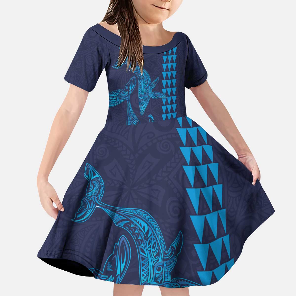 Aloha Hawaii Whale Kakau and Polynesian Tattoo Family Matching Puletasi and Hawaiian Shirt Dark Navy Color LT03 Daughter's Dress Dark Navy - Polynesian Pride