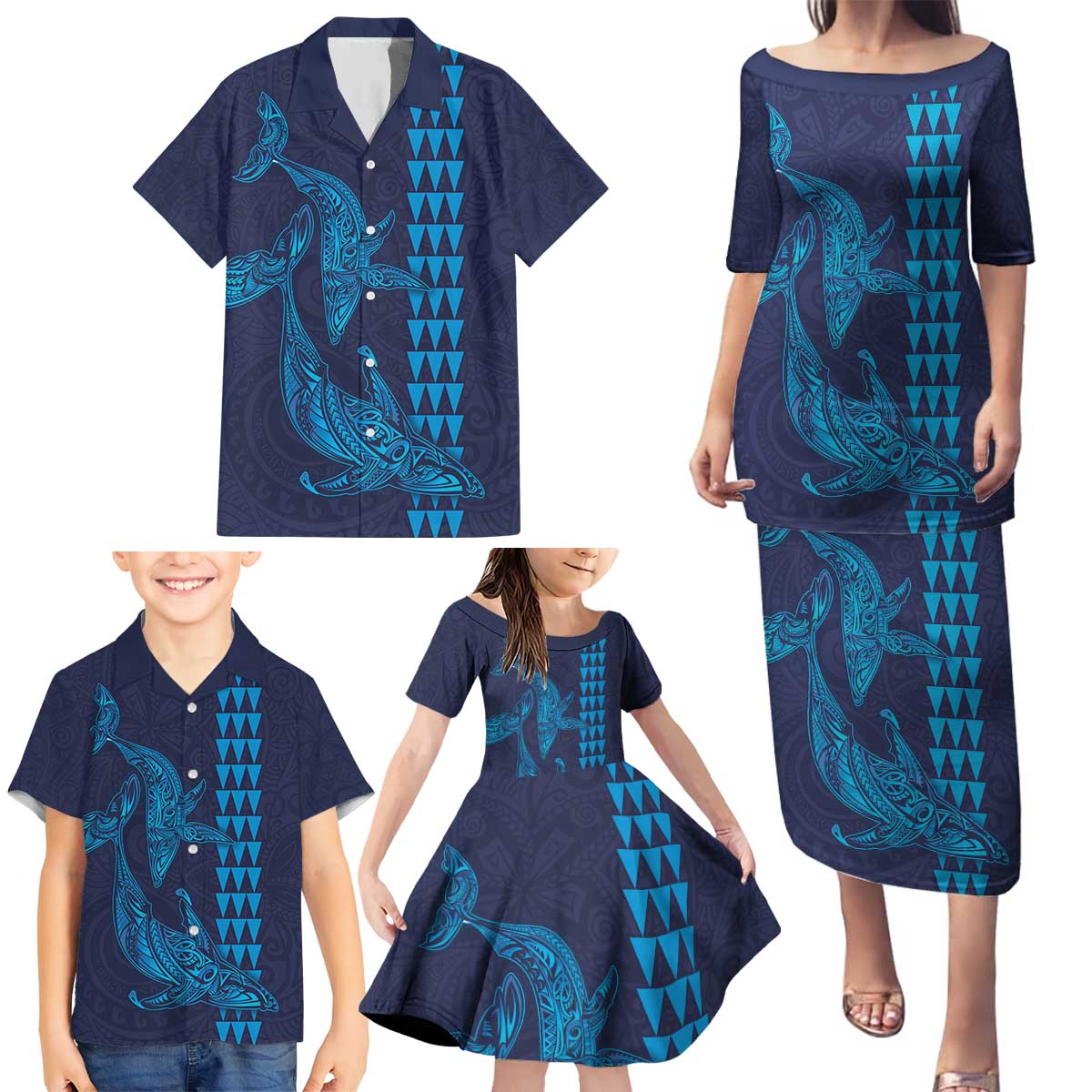Aloha Hawaii Whale Kakau and Polynesian Tattoo Family Matching Puletasi and Hawaiian Shirt Dark Navy Color LT03 - Polynesian Pride