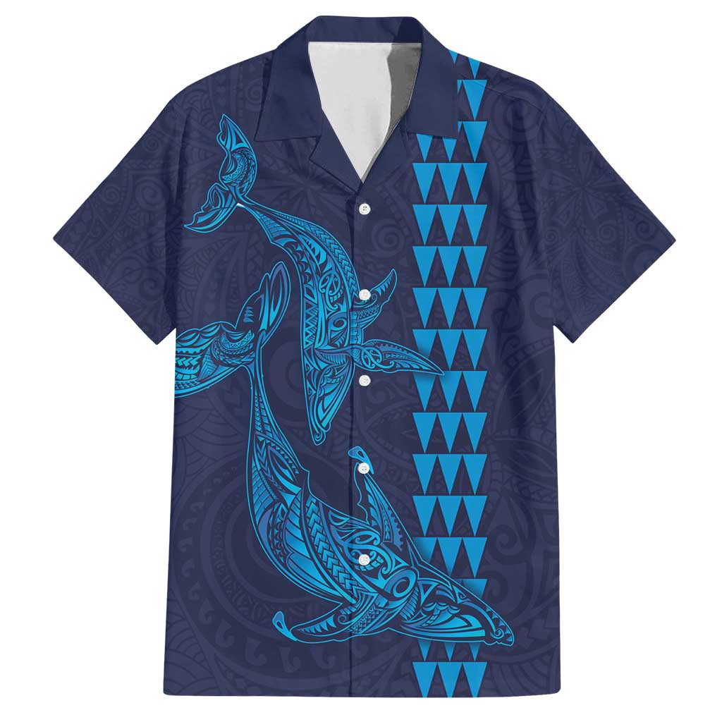 Aloha Hawaii Whale Kakau and Polynesian Tattoo Family Matching Summer Maxi Dress and Hawaiian Shirt Dark Navy Color