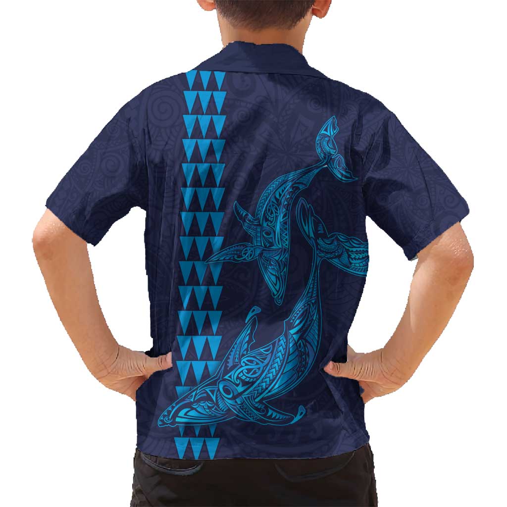 Aloha Hawaii Whale Kakau and Polynesian Tattoo Family Matching Tank Maxi Dress and Hawaiian Shirt Dark Navy Color
