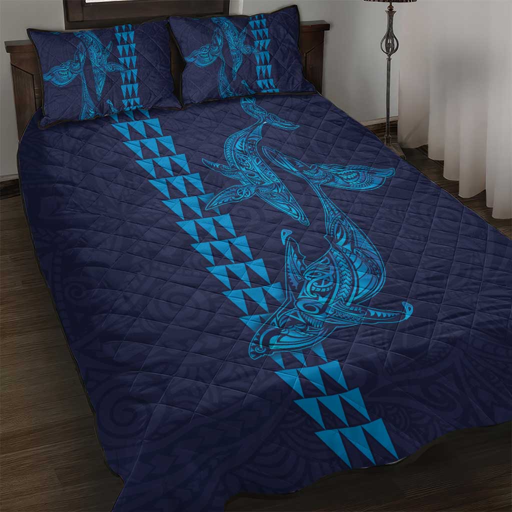 Aloha Hawaii Whale Kakau and Polynesian Tattoo Quilt Bed Set Dark Navy Color