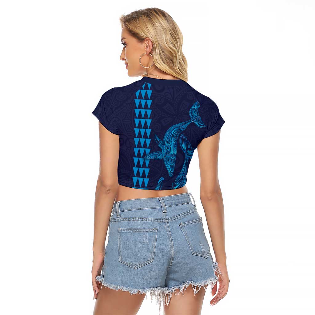 Aloha Hawaii Whale Kakau and Polynesian Tattoo Raglan Cropped T Shirt Dark Navy Color
