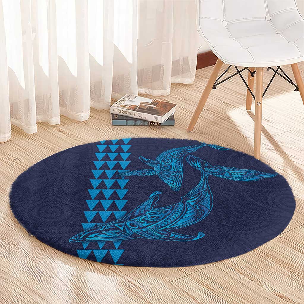 Aloha Hawaii Whale Kakau and Polynesian Tattoo Round Carpet Dark Navy Color