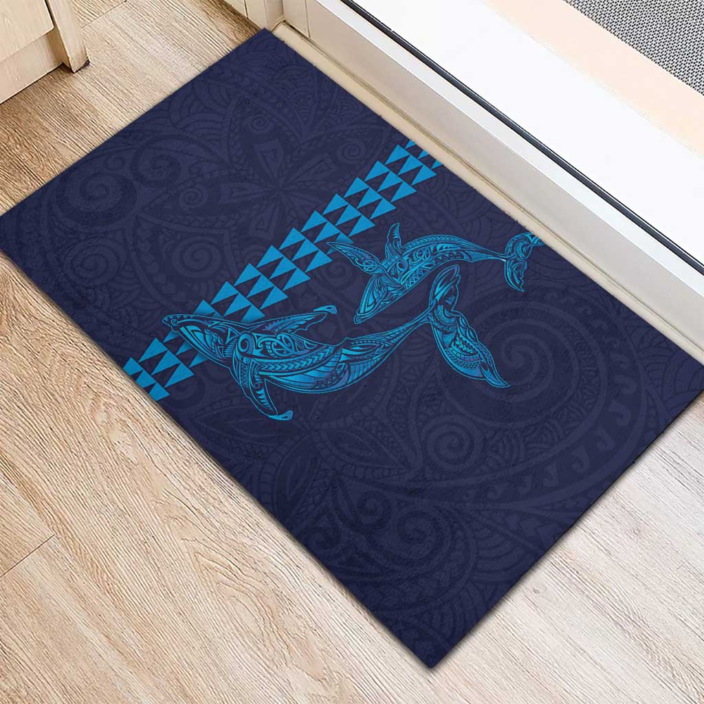 Aloha Hawaii Whale Kakau and Polynesian Tattoo Rubber Doormat Dark Navy Color